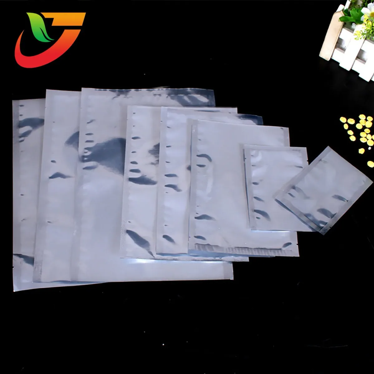 Clear flat food packaging pouches showing product visibility