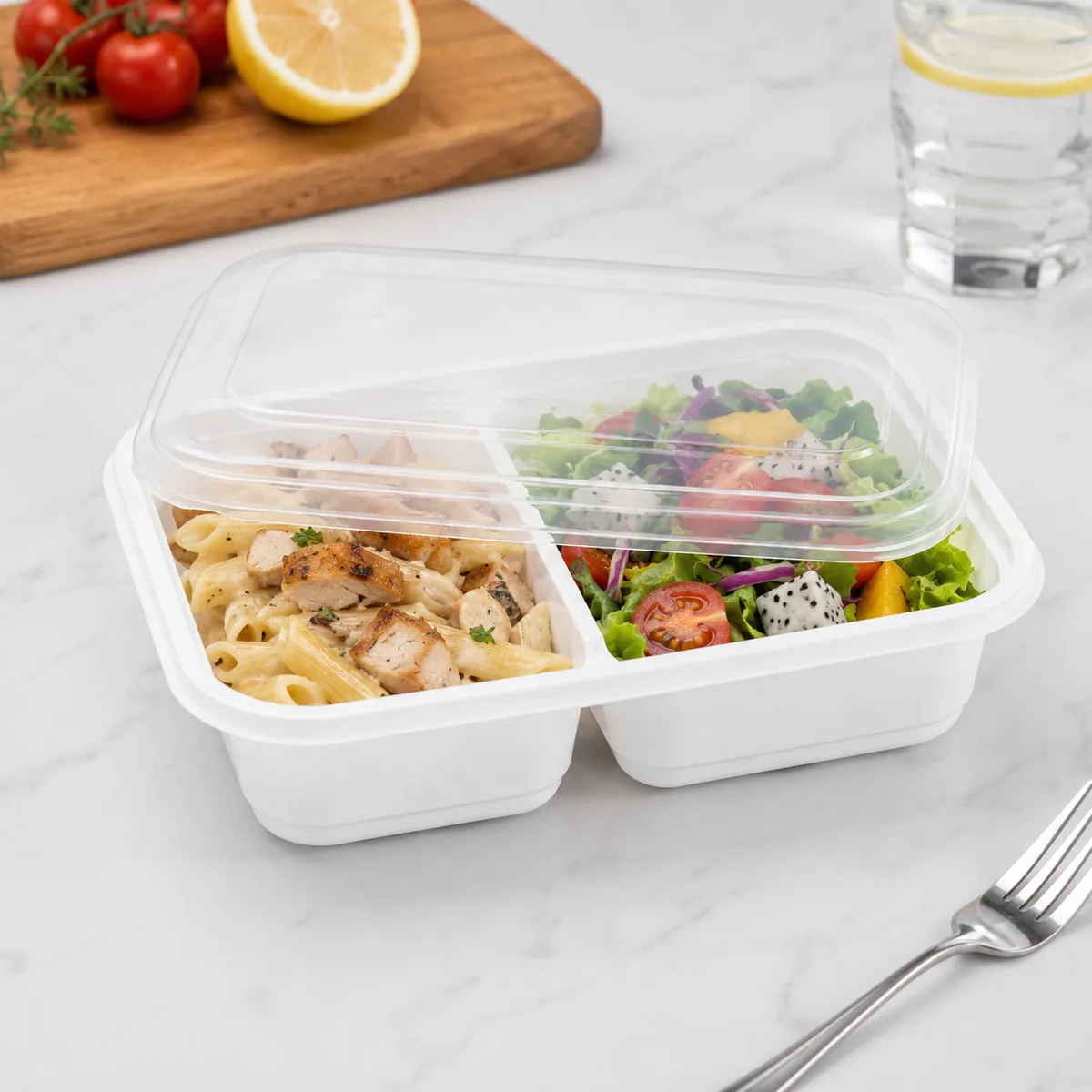Compartment plastic food container with clear lid for salad and meal