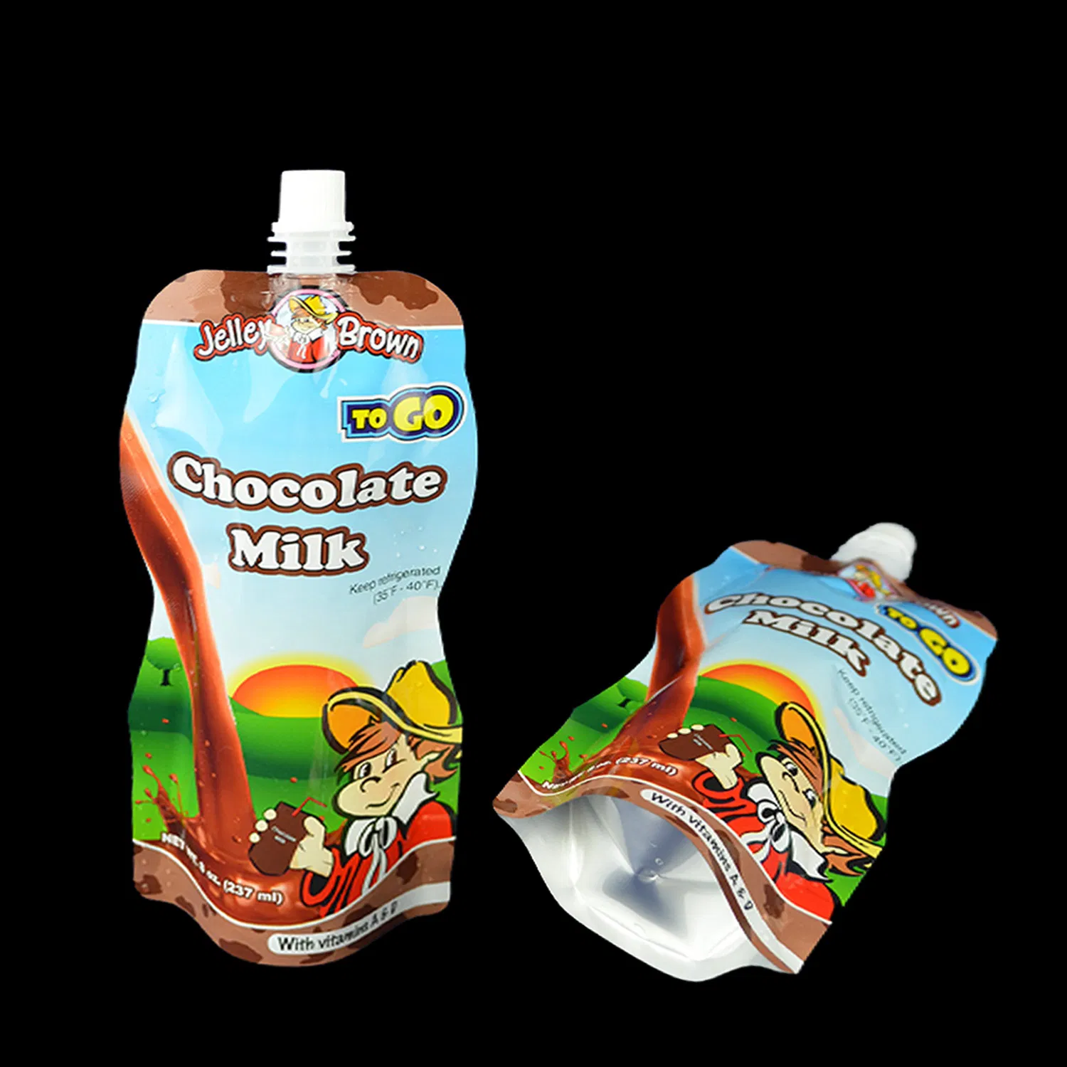 Custom printed beverage spout pouches for juice and dairy drink packaging