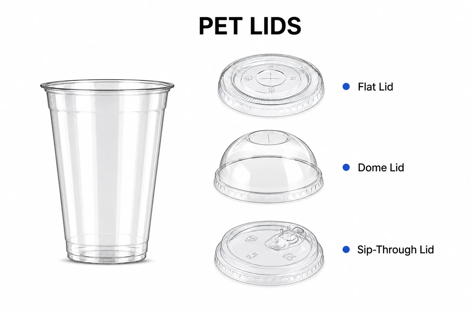 PET cup lid options including flat lid dome lid and sip-through lid