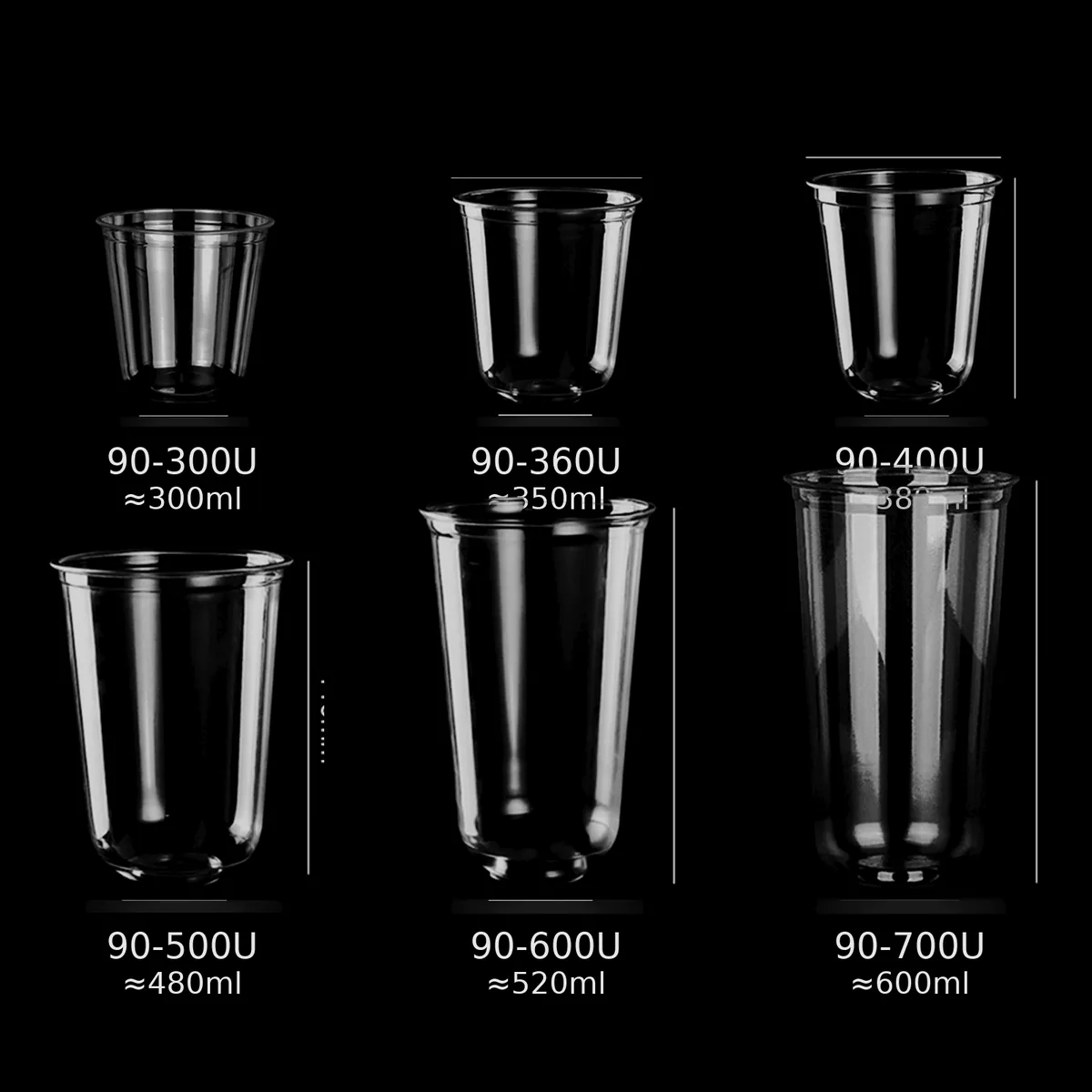 PET U-shaped cold drink cup size range from 300ml to 600ml
