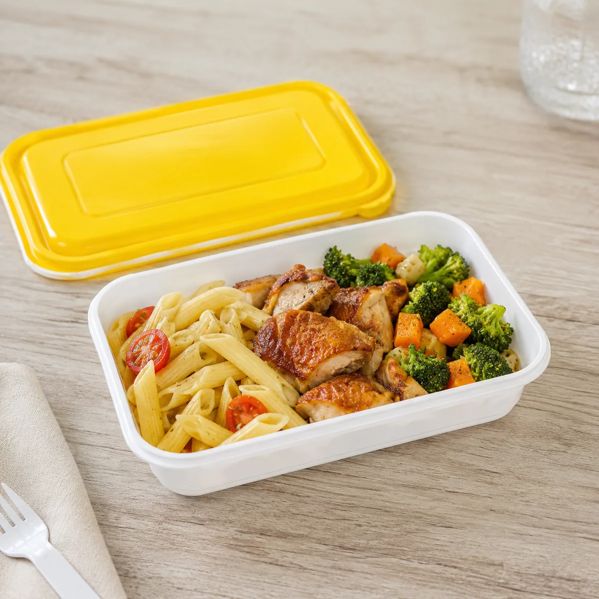 Plastic takeaway food container with meal and yellow lid