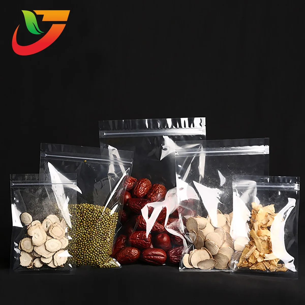 Transparent resealable flat zipper food bags in multiple sizes