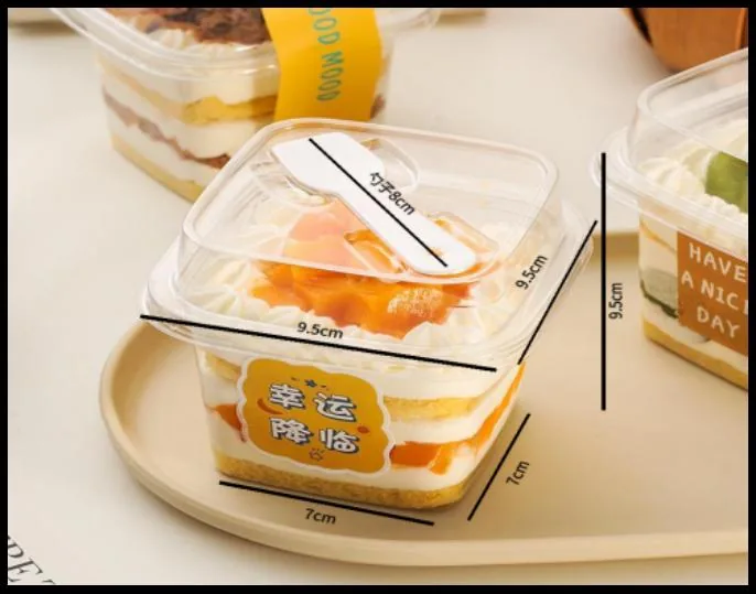 Clear square PET blister container for layered dessert cake packaging
