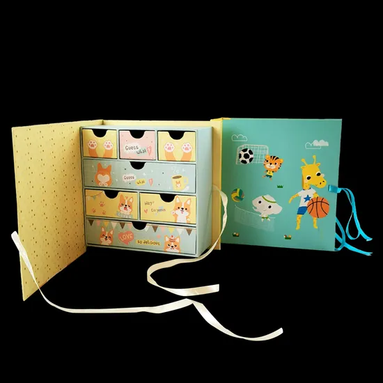 Custom printed drawer paper gift box packaging with ribbon