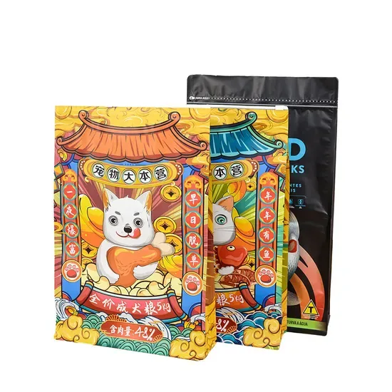 Custom printed pet food stand-up pouches shown as format references