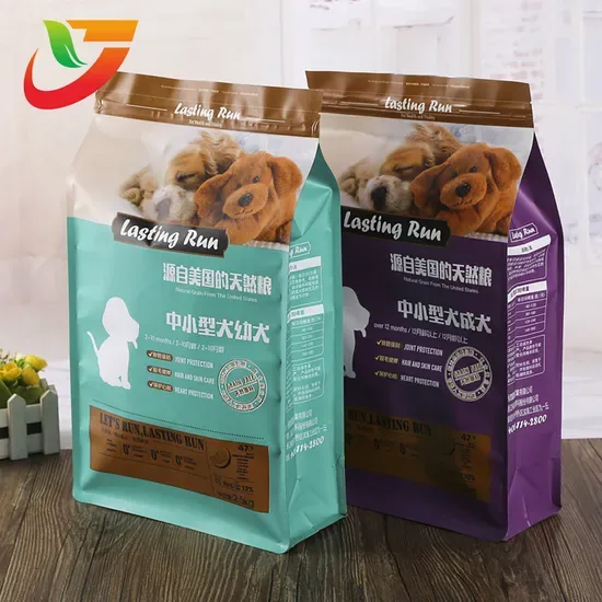 Real flat bottom dog food packaging bags shown as shelf format references