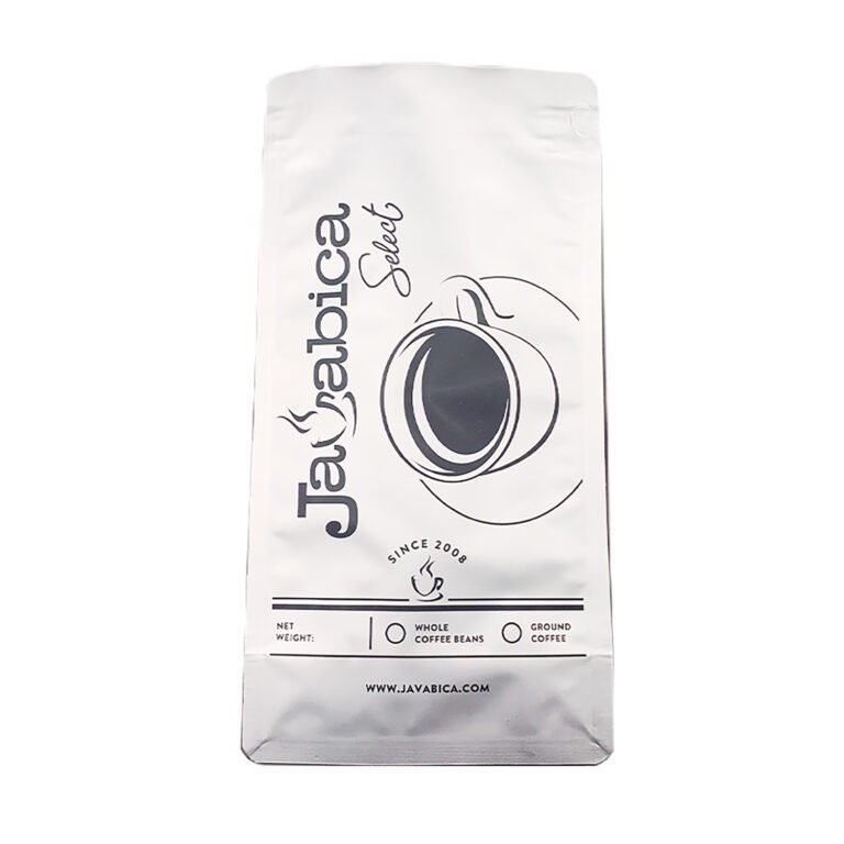 White custom-printed coffee bag with black cup artwork, front view