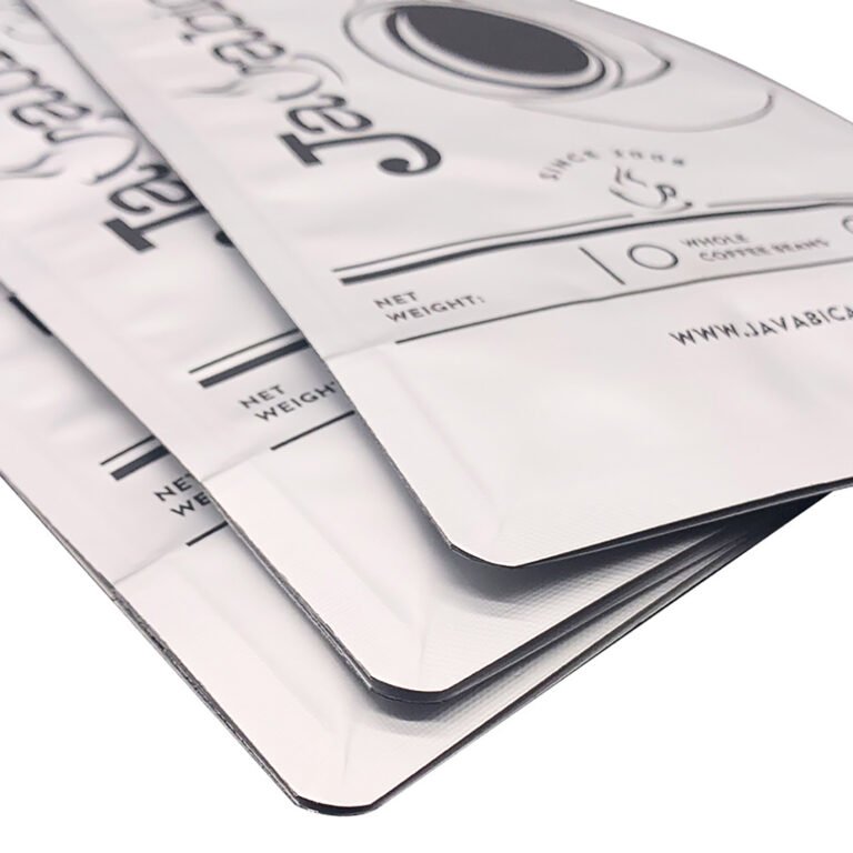 Close-up of printed coffee bags showing sealed edges