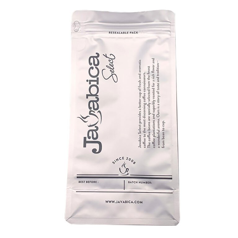 Reverse of a white custom-printed coffee bag with a resealable closure