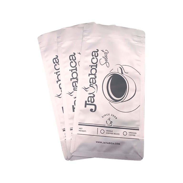 Three white custom-printed coffee bags with black coffee cup artwork