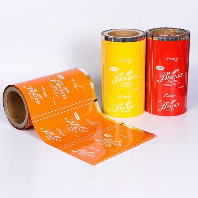 Orange, yellow and red biscuit packaging roll stock with repeated print